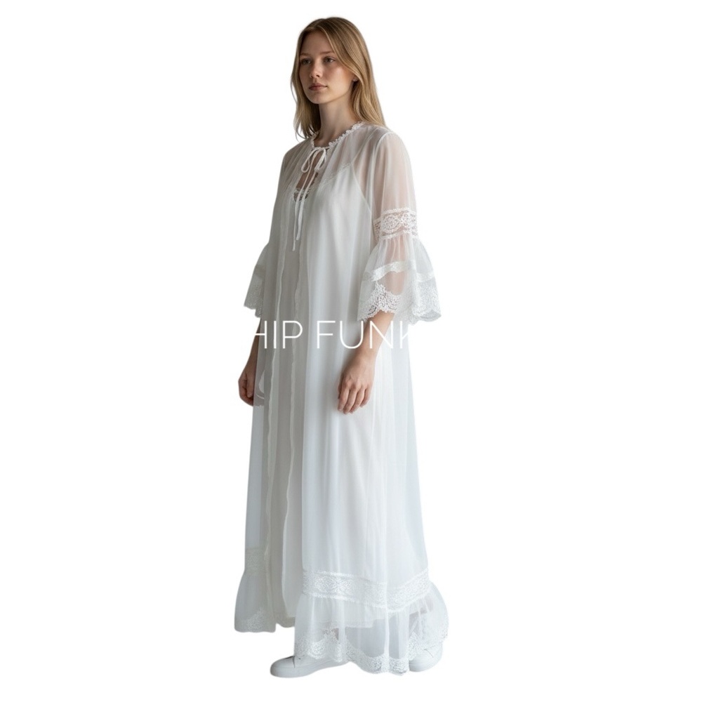 JC PENNEY Vintage White Sheer Maxi Sleep Gown & Robe Large Cottage Core Peignoir